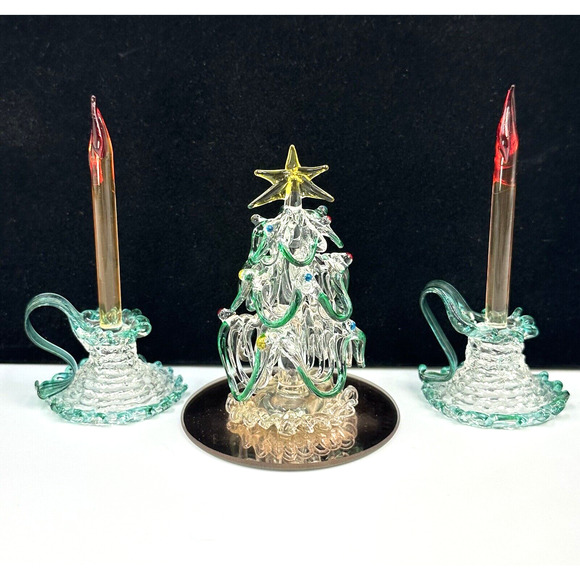 Vintage Spun Glass Christmas Tree & Candle Sticks Hand Blown Green Red Accents - Picture 1 of 9